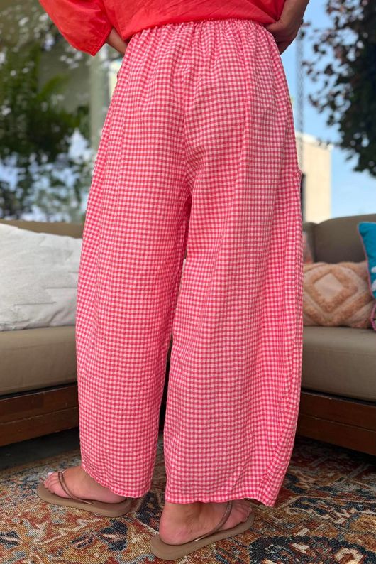 Arbi Gingham Relaxed Barrel Pant Sherbet Coral